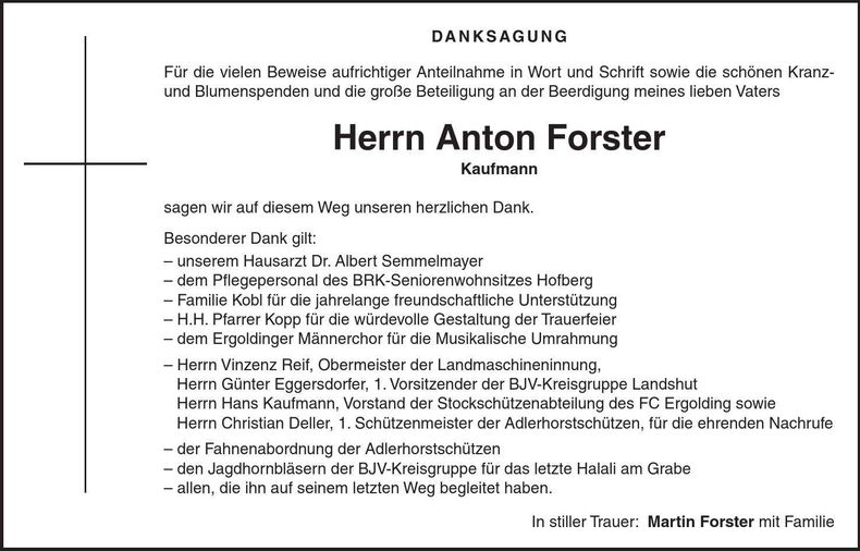 Traueranzeige Anton Forster