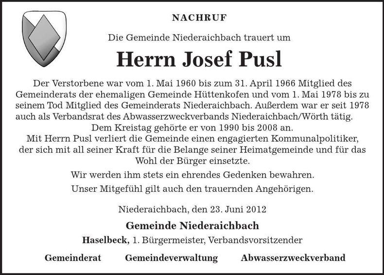 Traueranzeige Josef Pusl