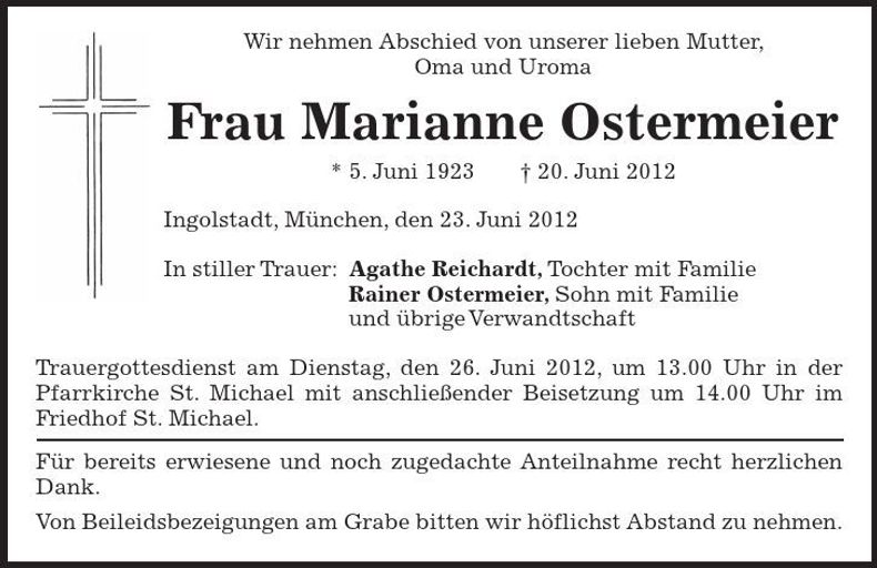 Traueranzeige Marianne Ostermeier