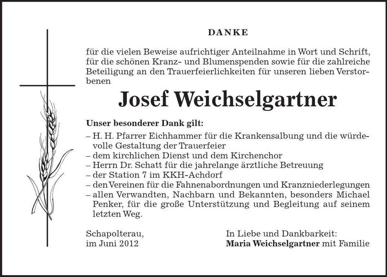 Traueranzeige Josef Weichselgartner