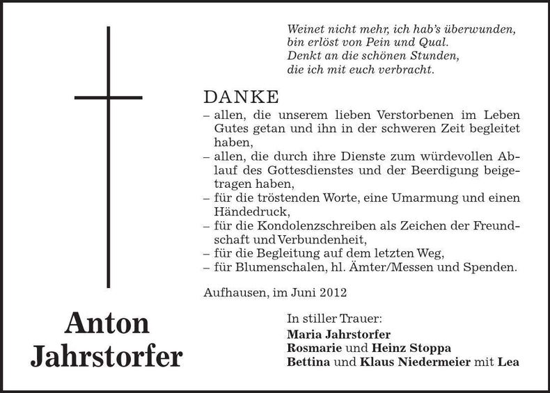 Traueranzeige Anton Jahrstorfer