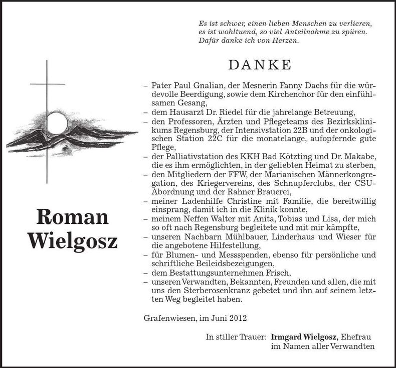 Traueranzeige Roman Wielgosz