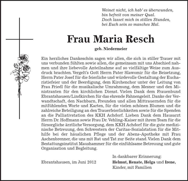 Traueranzeige Maria Resch
