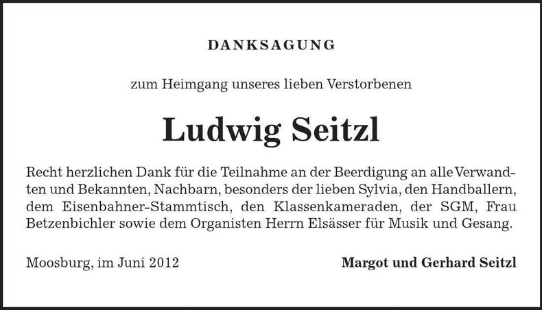 Traueranzeige Ludwig Seitzl