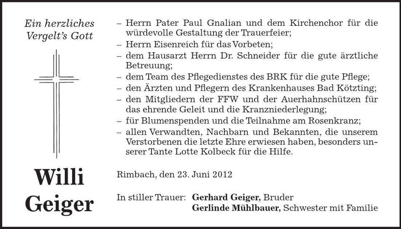 Traueranzeige Willi Geiger