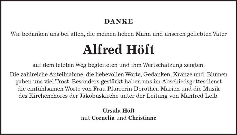 Traueranzeige Alfred Höft