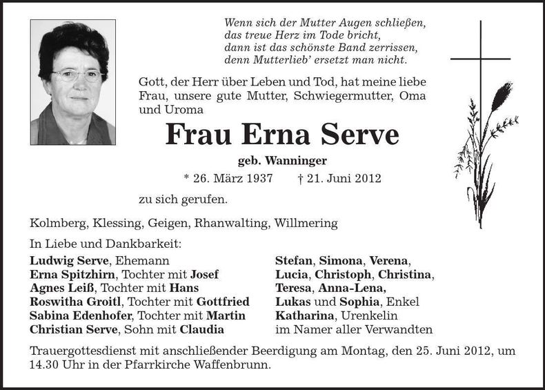 Traueranzeige Serve Erna