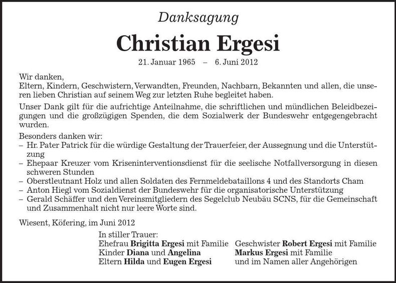 Traueranzeige Christian Ergesi
