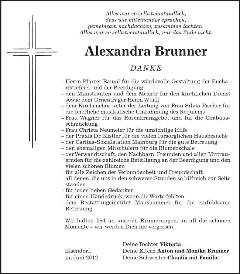 Traueranzeige Alexandra Brunner
