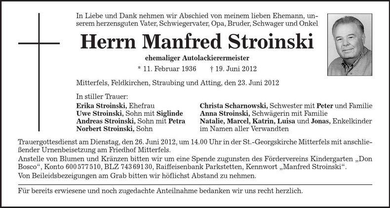 Traueranzeige Manfred Stroinski