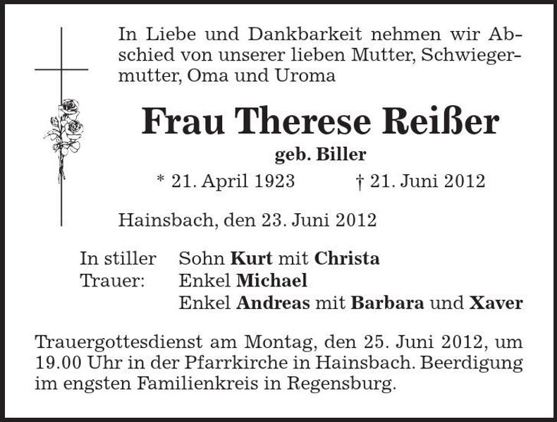 Traueranzeige Therese Reißer