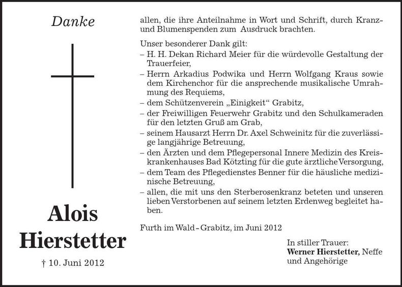 Traueranzeige Alois Hierstetter