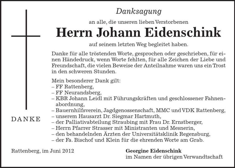 Traueranzeige Johann Eidenschink