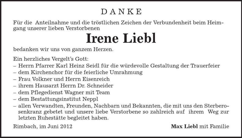 Traueranzeige Irene Liebl