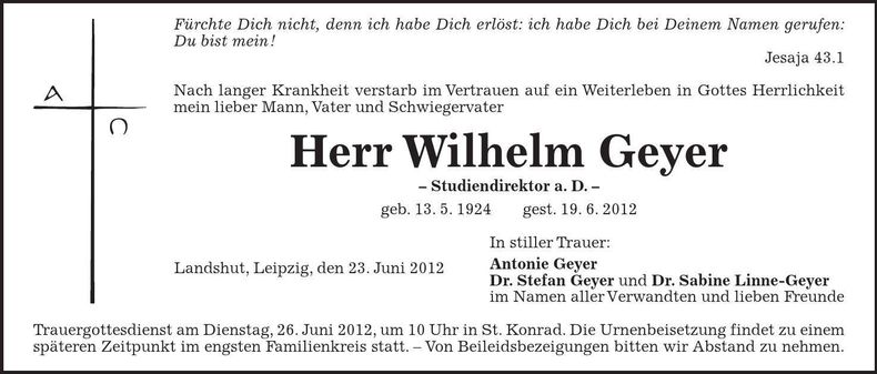 Traueranzeige Wilhelm Geyer