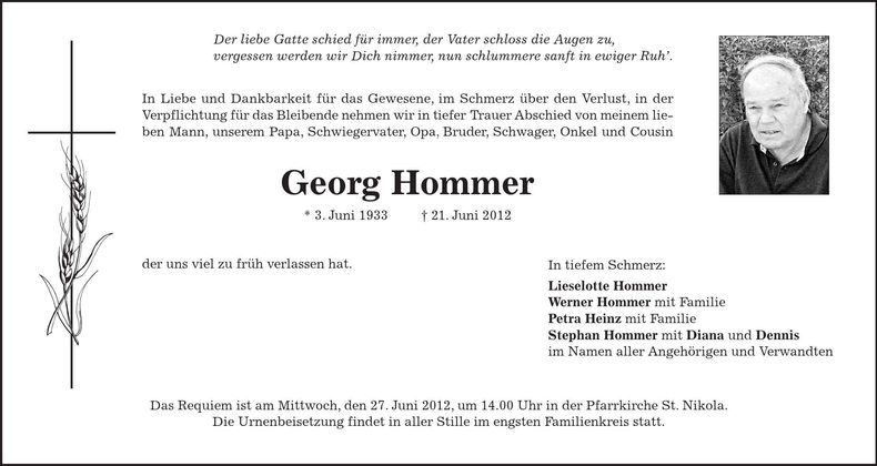 Traueranzeige Georg Hommer