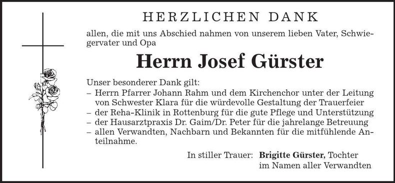 Traueranzeige Josef Gürster