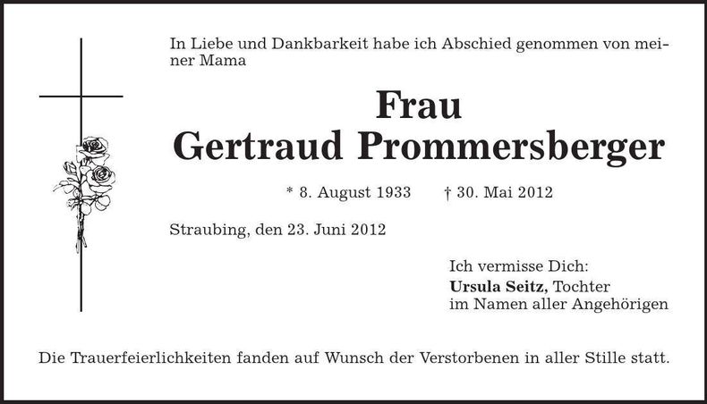 Traueranzeige Gertraud Prommersberger