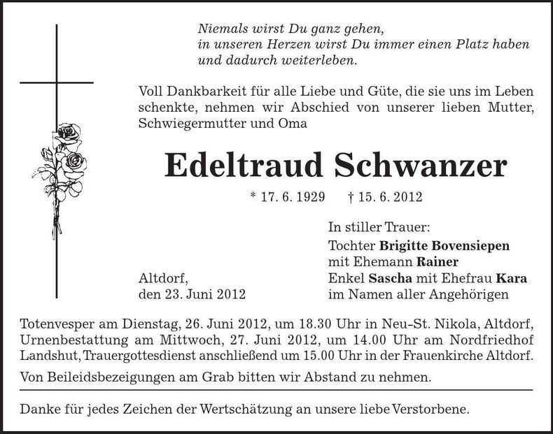 Traueranzeige Edeltraud Schwanzer