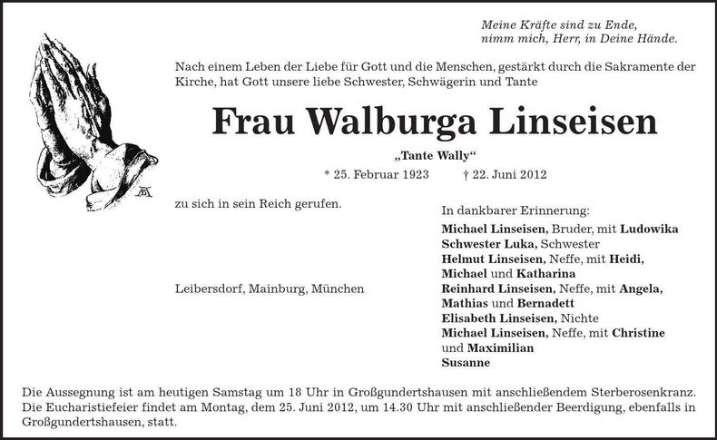 Traueranzeige Walburga Linseisen
