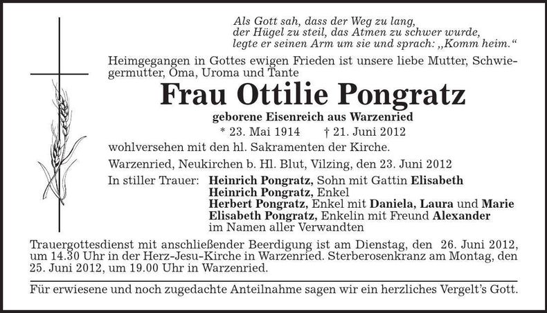 Traueranzeige Ottilie Pongratz