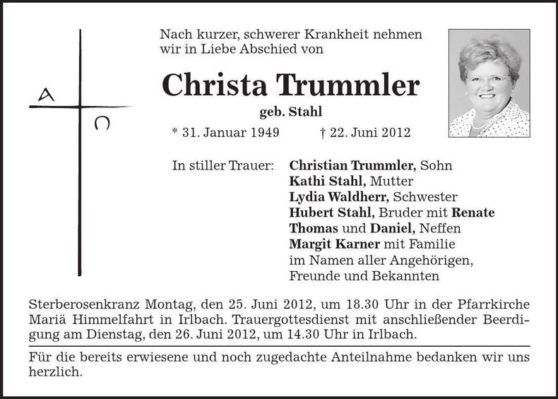 Traueranzeige Christa Trummler