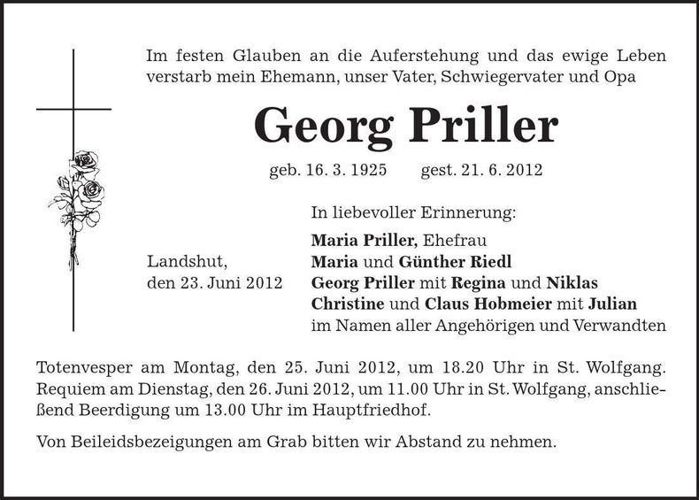 Traueranzeige Georg Priller