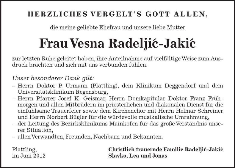 Traueranzeige Vesna Radeljic-Jakiic