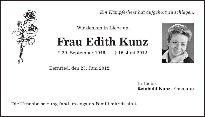 Traueranzeige Edith Kunz