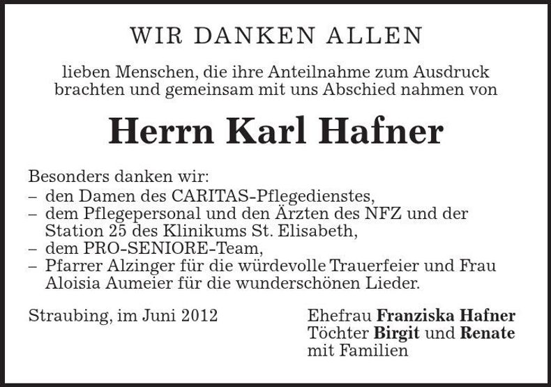 Traueranzeige Karl Hafner