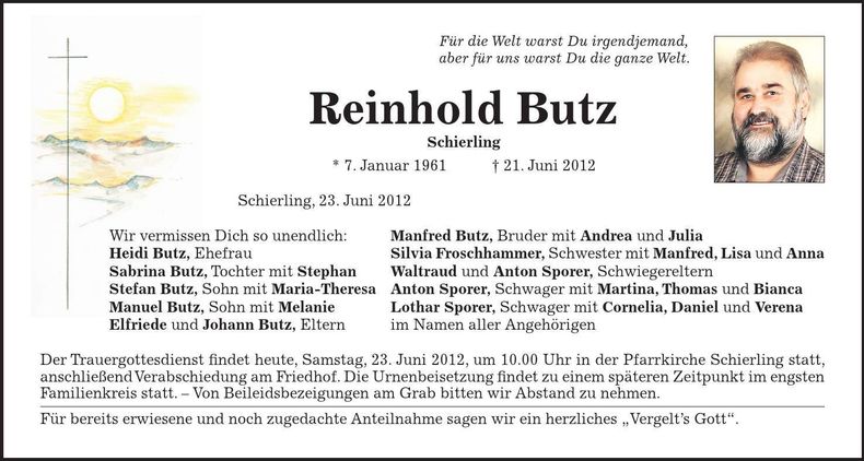 Traueranzeige Reinhold Butz