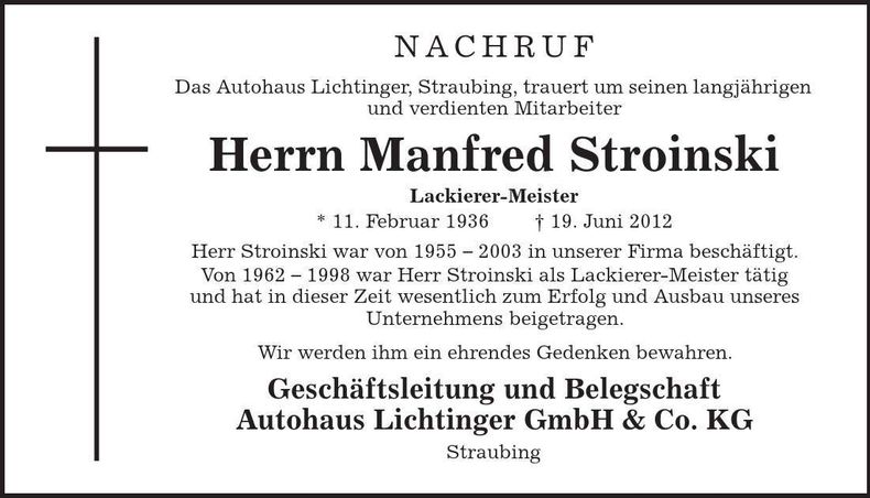 Traueranzeige Manfred Stroinski