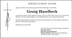 Traueranzeige Georg Haselbeck