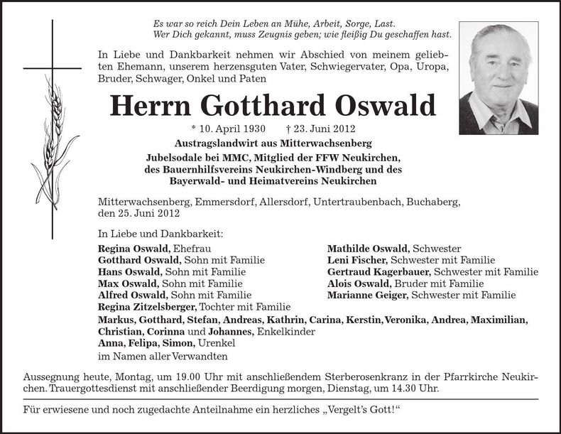 Traueranzeige Gotthard Oswald