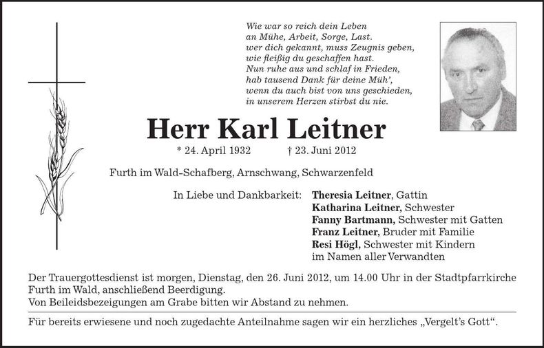 Traueranzeige Karl Leitner