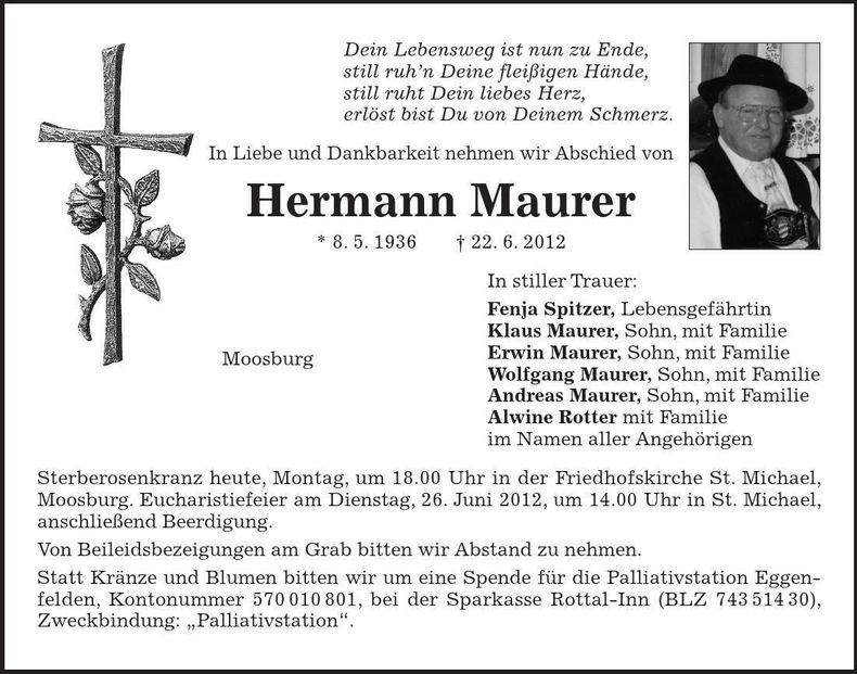 Traueranzeige Hermann Maurer