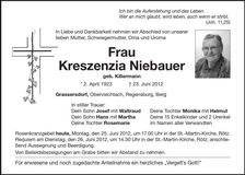 Traueranzeige Kreszenz Niebauer