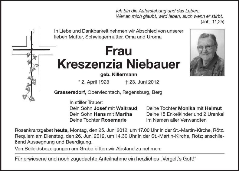 Traueranzeige Kreszenz Niebauer