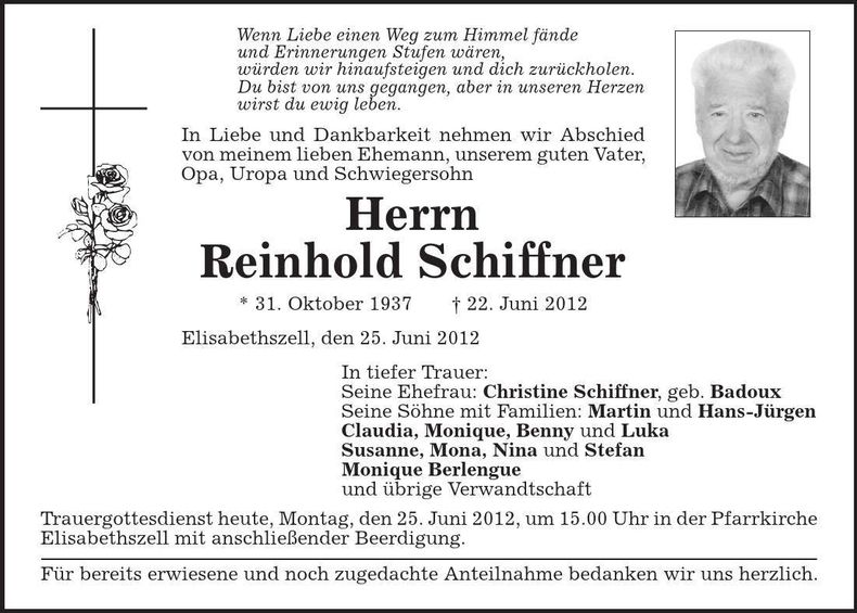 Traueranzeige Reinhold Schiffner