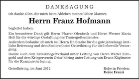 Traueranzeige Franz Hofmann