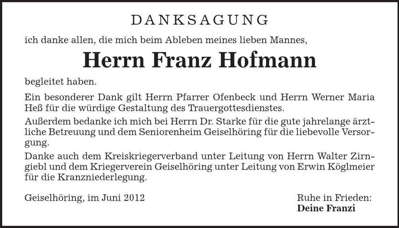 Traueranzeige Franz Hofmann