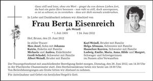 Traueranzeige Berta Eisenreich