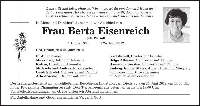 Traueranzeige Berta Eisenreich