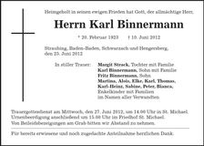 Traueranzeige Karl Binnermann