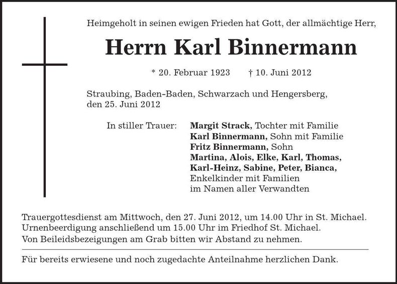 Traueranzeige Karl Binnermann