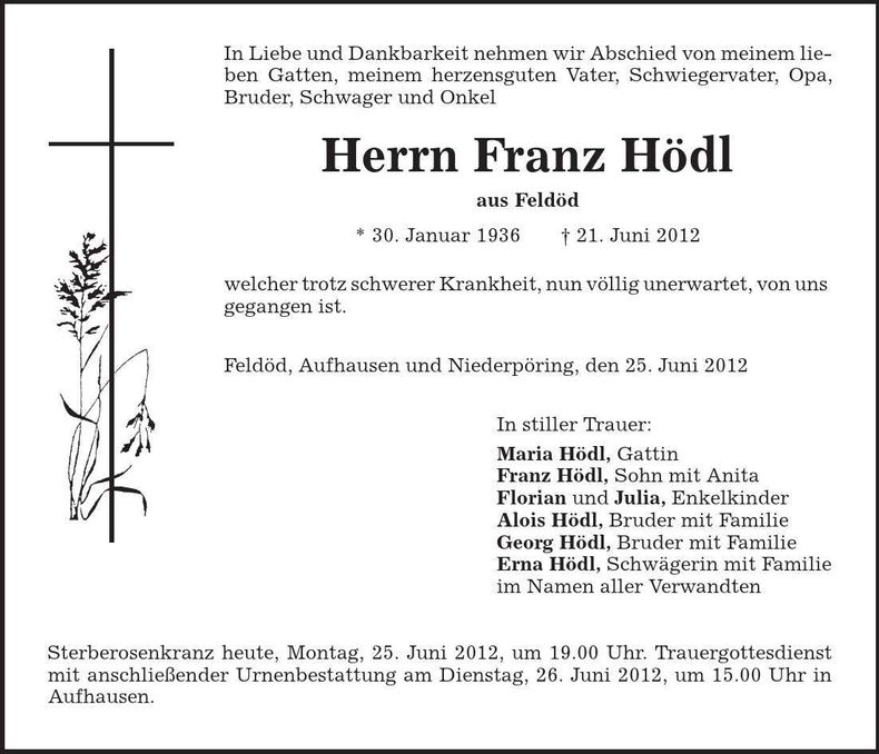 Traueranzeige Franz Hödl