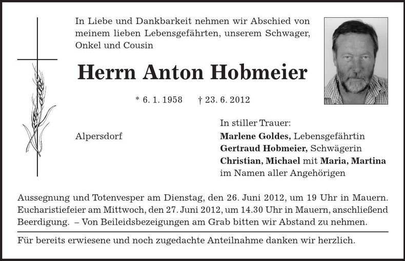 Traueranzeige Anton Hobmeier