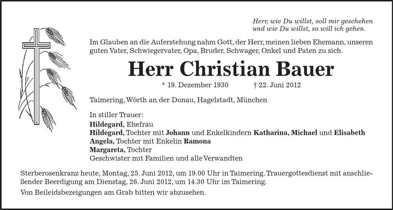 Traueranzeige Christian Bauer