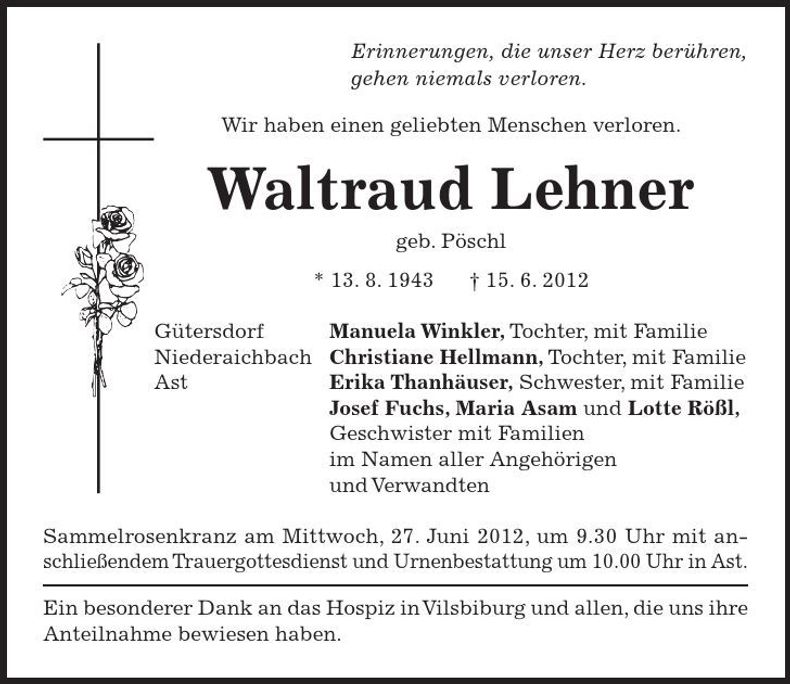 Traueranzeige Waltraud Lehner