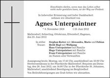 Traueranzeige Agnes Unterpaintner
